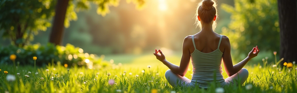 A serene image of a woman meditating in a lush green garden, symbolizing health, wellness, and natural beauty. Soft, warm lighting.
