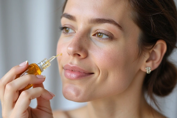 A close-up shot of a woman applying a natural serum to her radiant face, emphasizing healthy and glowing skin.