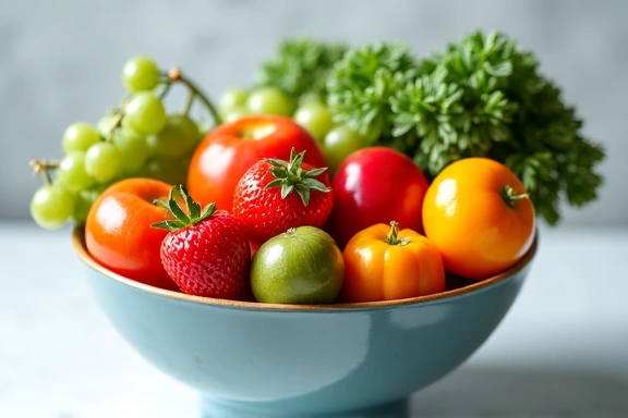 A vibrant bowl of fresh, colorful fruits and vegetables, indicating healthy nutrition and wellness.