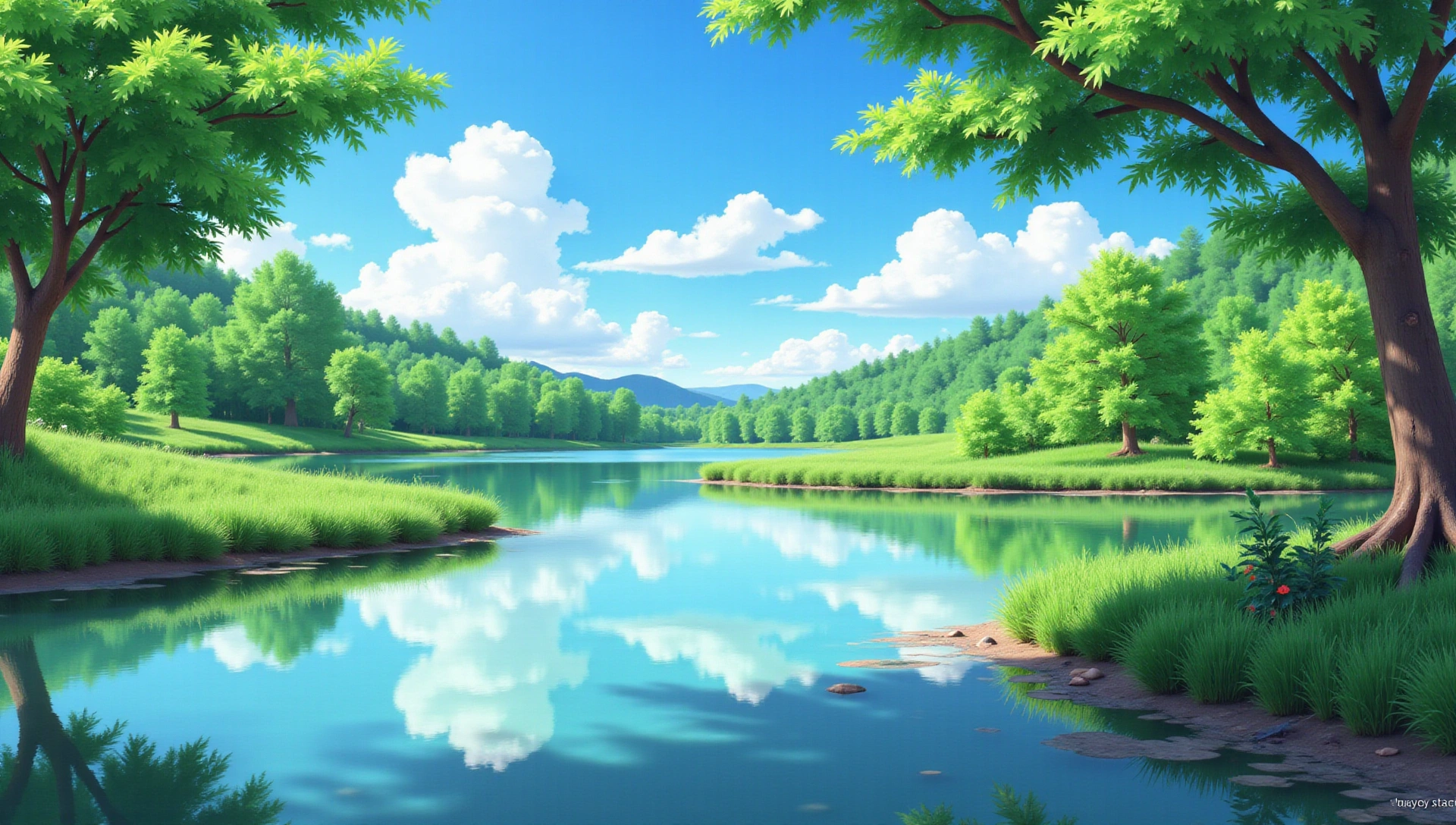 Serene natural landscape with vibrant green and calm waters, symbolizing health and tranquility.