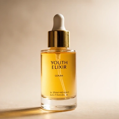 A sleek bottle of 'Youth Elixir Serum' with a golden dropper, conveying luxury and effectiveness.