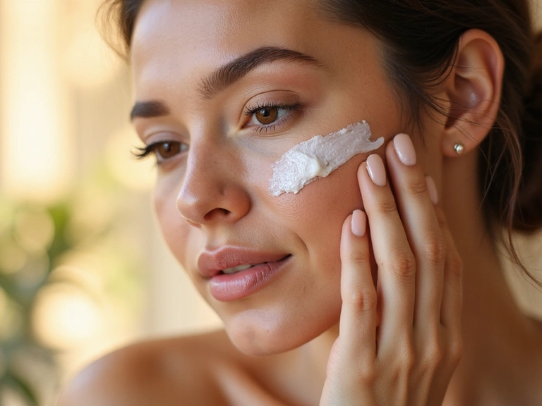 A woman gracefully applying a luxurious cream to her radiant face, symbolizing the elegance and effectiveness of SkinUp's beauty products.
