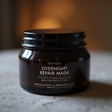 A luxurious glass jar of 'Overnight Repair Mask', conveying deep nourishment and restoration.
